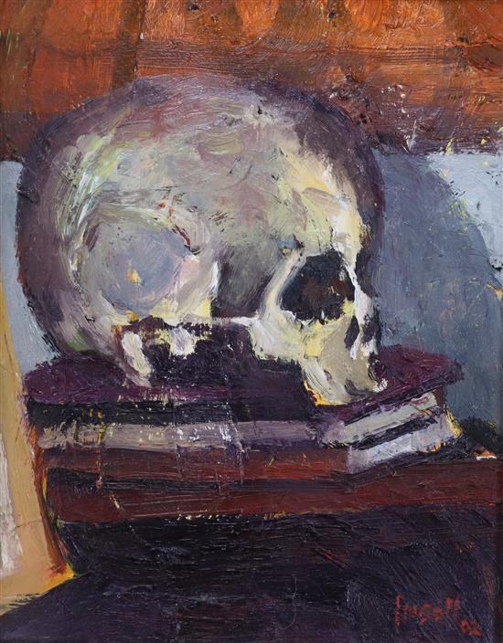 Chris Insoll, oil on board, Vanitas, signed and dated 02, 24 x 19cm